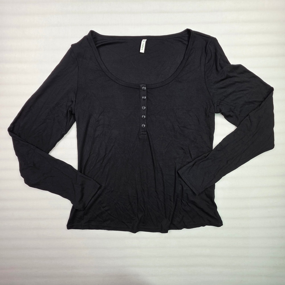 Halara Women XL Black Long Sleeve Henley Ribbed Scoop Neck Button Top